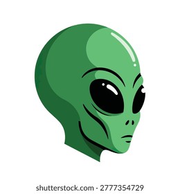 A vector style illustration of a green alien head with large black eyes and smooth features isolated on a white background
