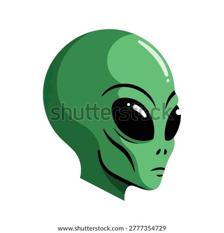 A vector style illustration of a green alien head with large black eyes and smooth features isolated on a white background