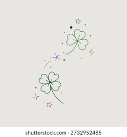 Ilustração em estilo vetorial de um trevo verde de quatro folhas e trevo com estrelas mágicas coloridas e pontos em um fundo branco para a sorte e o Dia de São Patrício.