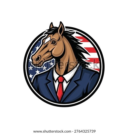 A vector style illustration of a horse head wearing a blue suit jacket and red necktie, presented as a character mascot design.