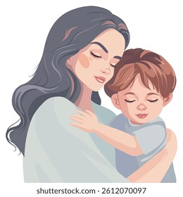 Vector style illustration of a loving mom gently holding her sleeping toddler in arms. Сolorful design with a sweet mother and child hug. Perfect for family, parenting, and motherhood themed visuals.