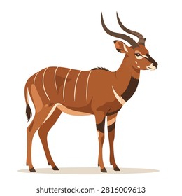 A vector style illustration of a majestic Bongo antelope standing in profile, showcasing its distinct reddish-brown coat with white vertical stripes and curved horns.