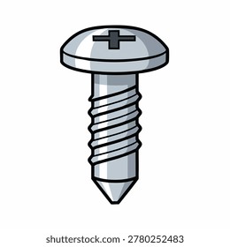 A vector style illustration of a silver metal screw with a Phillips head design isolated on a white background