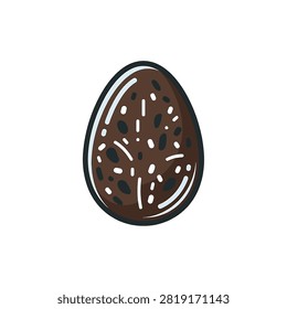 A vector style illustration of a single dark brown egg featuring irregular white and black speckles on its surface against a white background