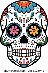 A vector style illustration of a Sugar Skull with a white background.