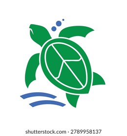 A vector style illustration of a swimming green sea turtle featuring a peace sign pattern on its shell and blue bubbles and waves.