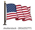 Vector style illustration of the United States flag waving on a pole against a white background