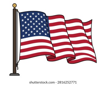 Vector style illustration of the United States flag waving on a pole against a white background