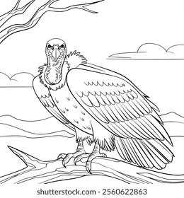 A vector style illustration of a vulture perched on a tree branch