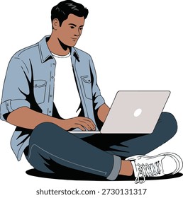 Ilustración de estilo Vector de un hombre joven sentado en el suelo y trabajando en una computadora portátil. Representa el trabajo remoto, el estilo de vida independiente, el aprendizaje en línea y la productividad digital moderna para proyectos empresariales, tecnológicos y de estilo de vida.