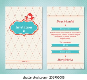 Vector style invitation with cute angel. Easy to edit. Face and back.