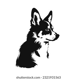 Vector style isolated one single sitting Welsh Corgi Pembroke dog head side view black and white bw two colors silhouette. Template for laser engraving or stencil