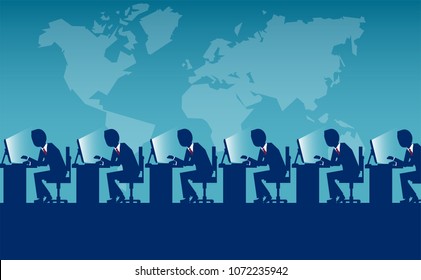 Vector Style Of Labor Force Of Employees Sitting At Desks Working On Computers For International Company. 