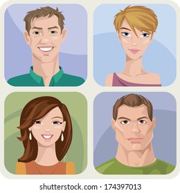 Vector style male and female portraits with different emotions.