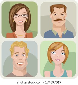 Vector style male and female portraits with different emotions.