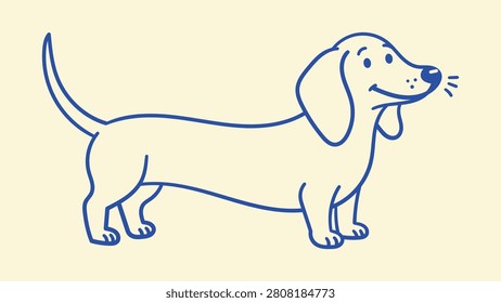 A vector style minimalist illustration featuring a clean blue outline of a friendly dachshund dog. The design utilizes smooth continuous lines and a.