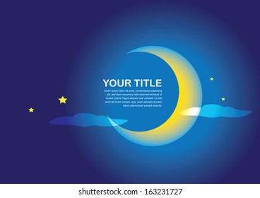 Vector style night sky with yellow half moon.