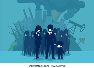 Vector style of people in respirators standing on world with factories and heavy polluted air. 