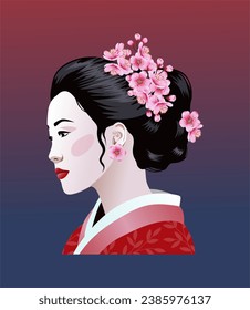 Vector style of portrait beautiful Japanese girl in kimono and sakura. Vintage, illustration.