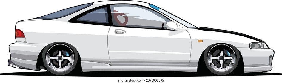 a vector of a style race car. white vehicle with cool rims.