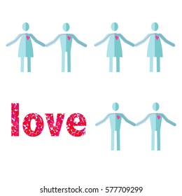vector style; a set of female and male marriage flat icons connected by blood and hearts as symbol of love