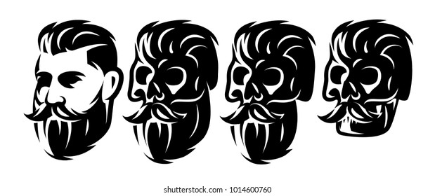 vector style set with male head and skulls with beard and mustache.