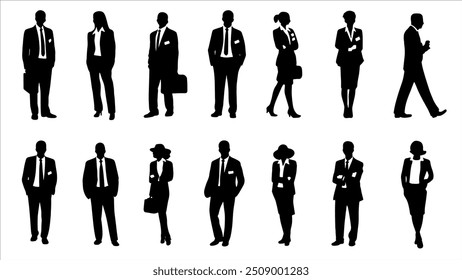 Vector style Silhouettes of diverse casual business people standing, walking, men, women full length. Business concept. Black monochrome Vector illustrations isolated on white background