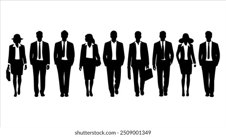 Vector style Silhouettes of diverse casual business people standing, walking, men, women full length. Business concept. Black monochrome Vector illustrations isolated on white background