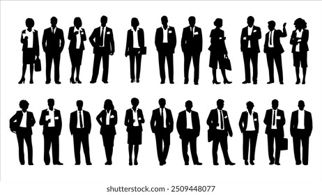 Vector style Silhouettes of diverse casual business people standing, walking, men, women full length. Business concept. Black monochrome Vector illustrations isolated on white background