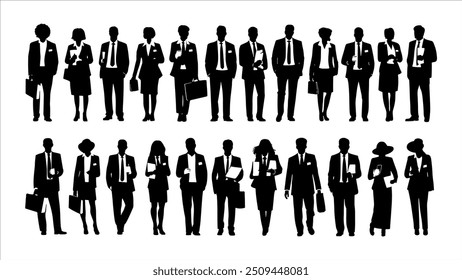 Vector style Silhouettes of diverse casual business people standing, walking, men, women full length. Business concept. Black monochrome Vector illustrations isolated on white background