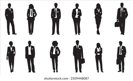 Vector style Silhouettes of diverse casual business people standing, walking, men, women full length. Business concept. Black monochrome Vector illustrations isolated on white background