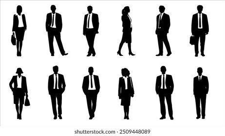 Vector style Silhouettes of diverse casual business people standing, walking, men, women full length. Business concept. Black monochrome Vector illustrations isolated on white background