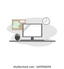 Estilo vectorial, escritorio simple y moderno con ordenador, ratón, cactus y tablero de papel utilizado para el diseño gráfico de decoración.