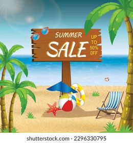 Vector style for summer sale banner. Good sunny day. Deck chair and beach umbrella on the sand coast with wooden board. Vector illustration