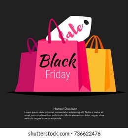 Vector style web black friday banner template design with colorful shopping bags and sale label on black background