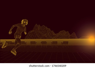 Vector style of wire frame. A girl rides on roller skates on the beach. Sea view, sun loungers, mountains and sunrise. 3D rendering.