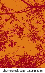 Vector stylised and warm illustration for background made with natural shapes of branches and leaves. Simple pattern in red and orange colors.