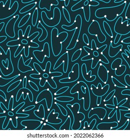 Vector stylish abstract line seamless pattern. Blue lines and white dots on black background. Line art seamless fabric design. Hand-drawn linear wallpaper or wrapping paper.