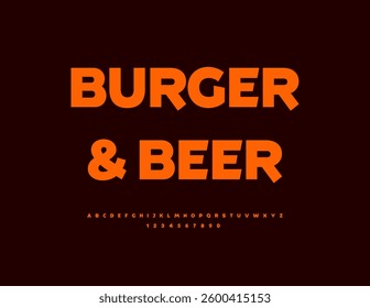 Vector Stylish Advertisement Burger and Beer. Modern Creative Font. Minimalistic Uppercase Alphabet Letters and Numbers set.