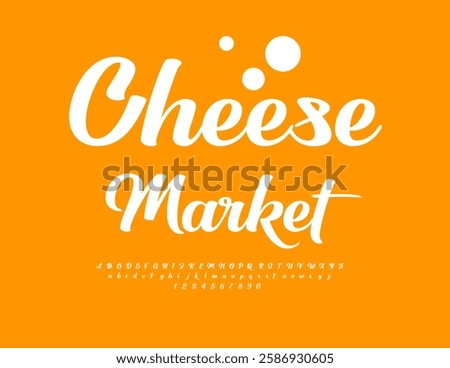 Vector Stylish Advertisement Cheese Market. Beautiful White Font. Calligraphic Alphabet Letters and Numbers.