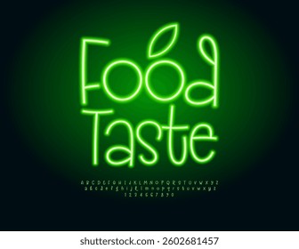 Vector Stylish Advertisement Food Taste with Decorative Leaf. Neon Green Font. Funny Glowing Alphabet Letters and Numbers set