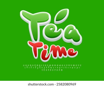 Vector Stylish Advertisement Tea Time with Handwritten Font. Green Creative Alphabet Letters and Numbers set.