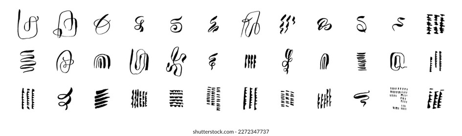 Vector stylish artistic hand drawn textures, symbols, signs, icons, mini compositions set. Minimalistic lines, circles, smears, waves, brush strokes, knots. Hand drawn wavy shaped design elements