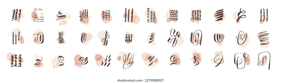 Vector stylish artistic hand drawn textures, symbols, signs, icons, mini compositions set. Minimalistic lines, circles, smears, waves, brush strokes, knots. Hand drawn wavy shaped design elements