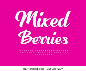 Vector stylish badge Mixed Berries. Beautiful Cursive Font. Fashion Alphabet Letters and Numbers set. 