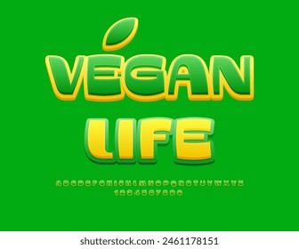 Insignia de estilo Vector Vegan Life. Fuente verde única. Conjunto de letras y números de alfabeto brillante moderno.