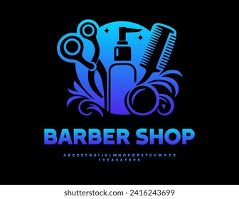 Vektorstylischer Banner Barber Shop mit künstlerischen decoctiven Elementen. Schriftart mit blauem Farbverlauf. Satz für kreative Alphabet-Buchstaben und -Zahlen