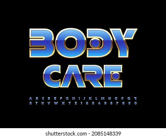 Vector stylish banner Body Care. Modern glamour Font. Blue and Gold Alphabet Letters and Numbers