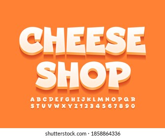 Vector stylish banner Cheeese Shop.  White Modern Font. 3D original Alphabet Letters and Numbers. svg
