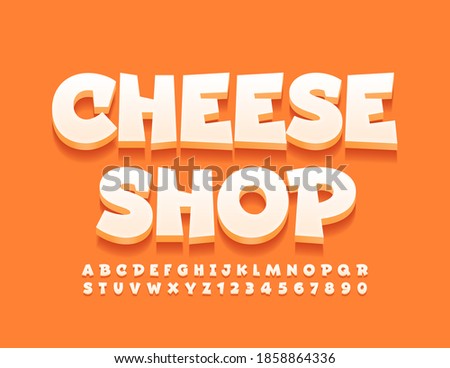 Vector stylish banner Cheeese Shop.  White Modern Font. 3D original Alphabet Letters and Numbers.